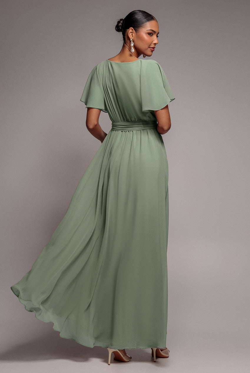 Goddiva Sustainable Chiffon Flutter Sleeve Wrap Maxi Dress - Sagegreen
