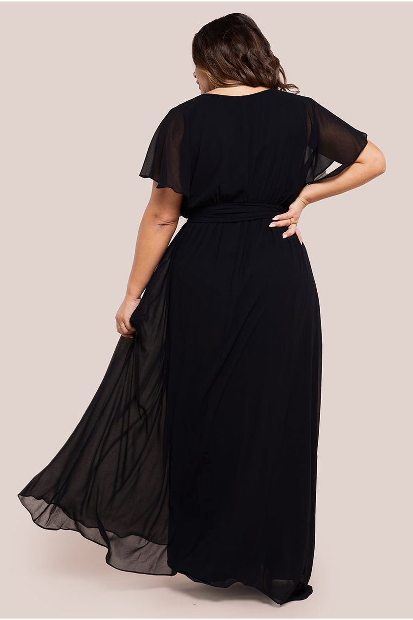 Goddiva Plus Flutter Sleeve Wrap Maxi Dress - Black