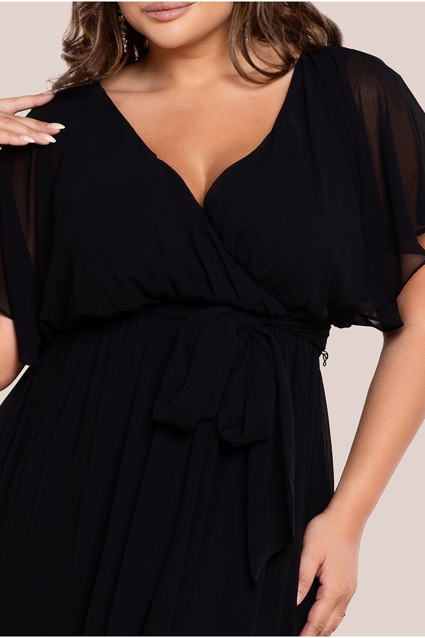 Goddiva Plus Flutter Sleeve Wrap Maxi Dress - Black