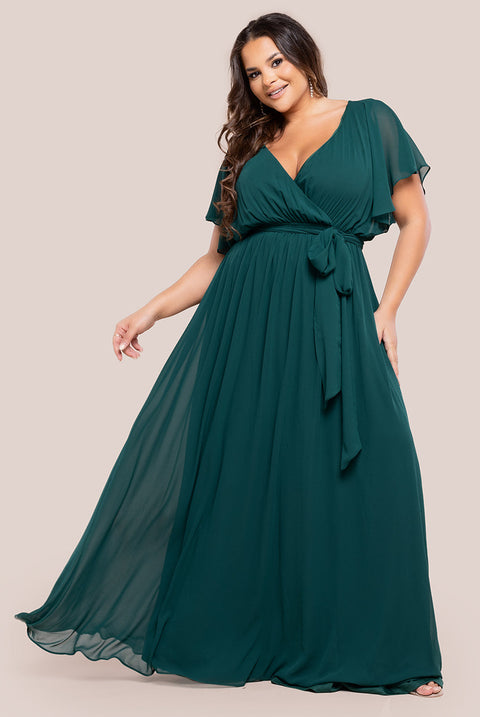 Goddiva Plus Flutter Sleeve Wrap Maxi Dress - Emerald Green