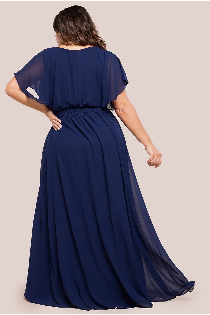 Goddiva Plus Flutter Sleeve Wrap Maxi Dress - Navy Blue
