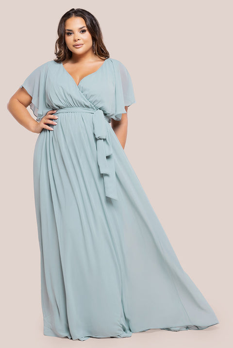 Goddiva Plus Flutter Sleeve Wrap Maxi Dress - Sage Green