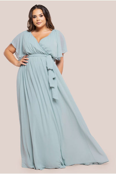 SageGreen - Goddiva Plus Flutter Sleeve Wrap Maxi Dress - Sage Green