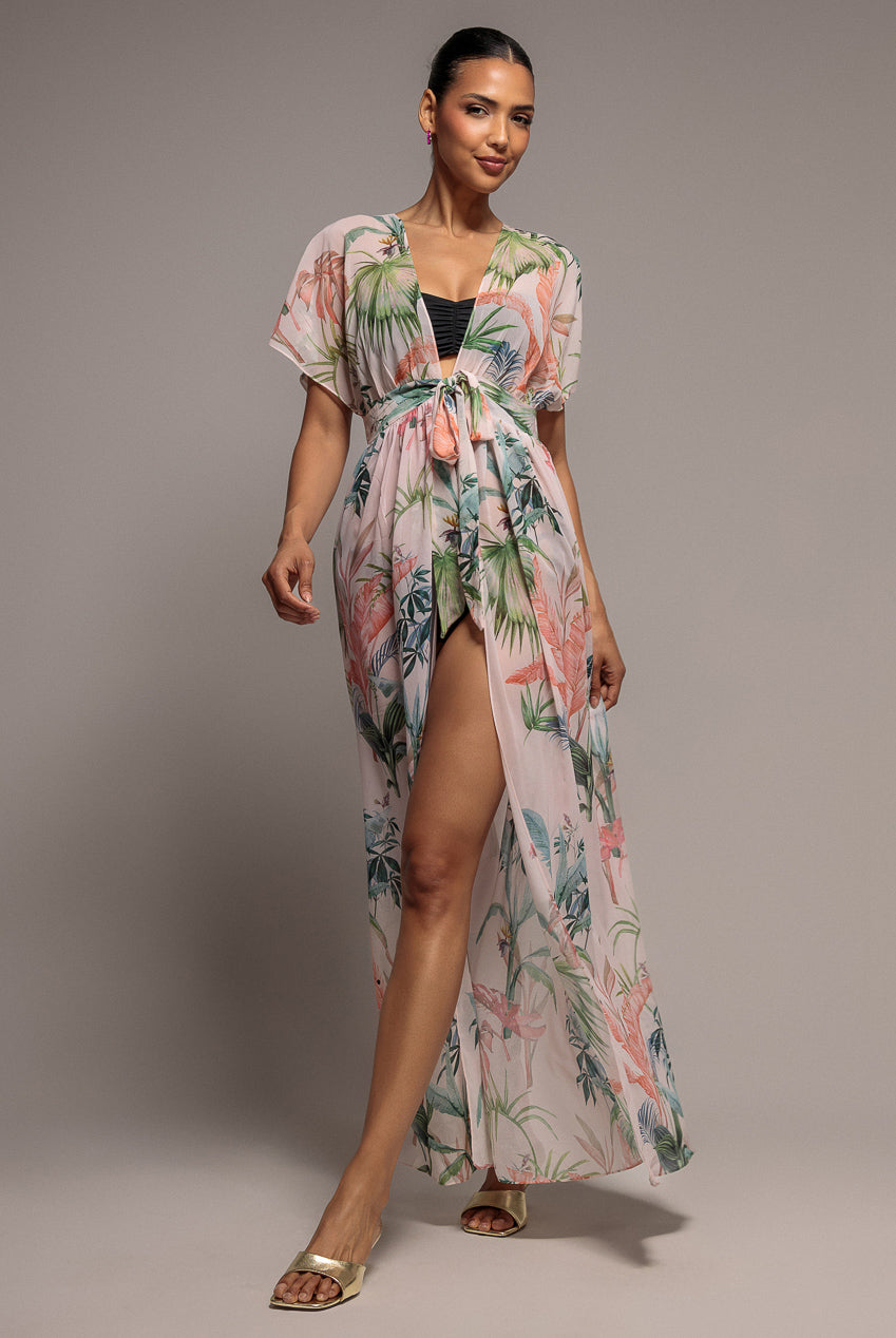 Goddiva Palm Print Flutter Sleeve Kimono Maxi Dress - Palm Print