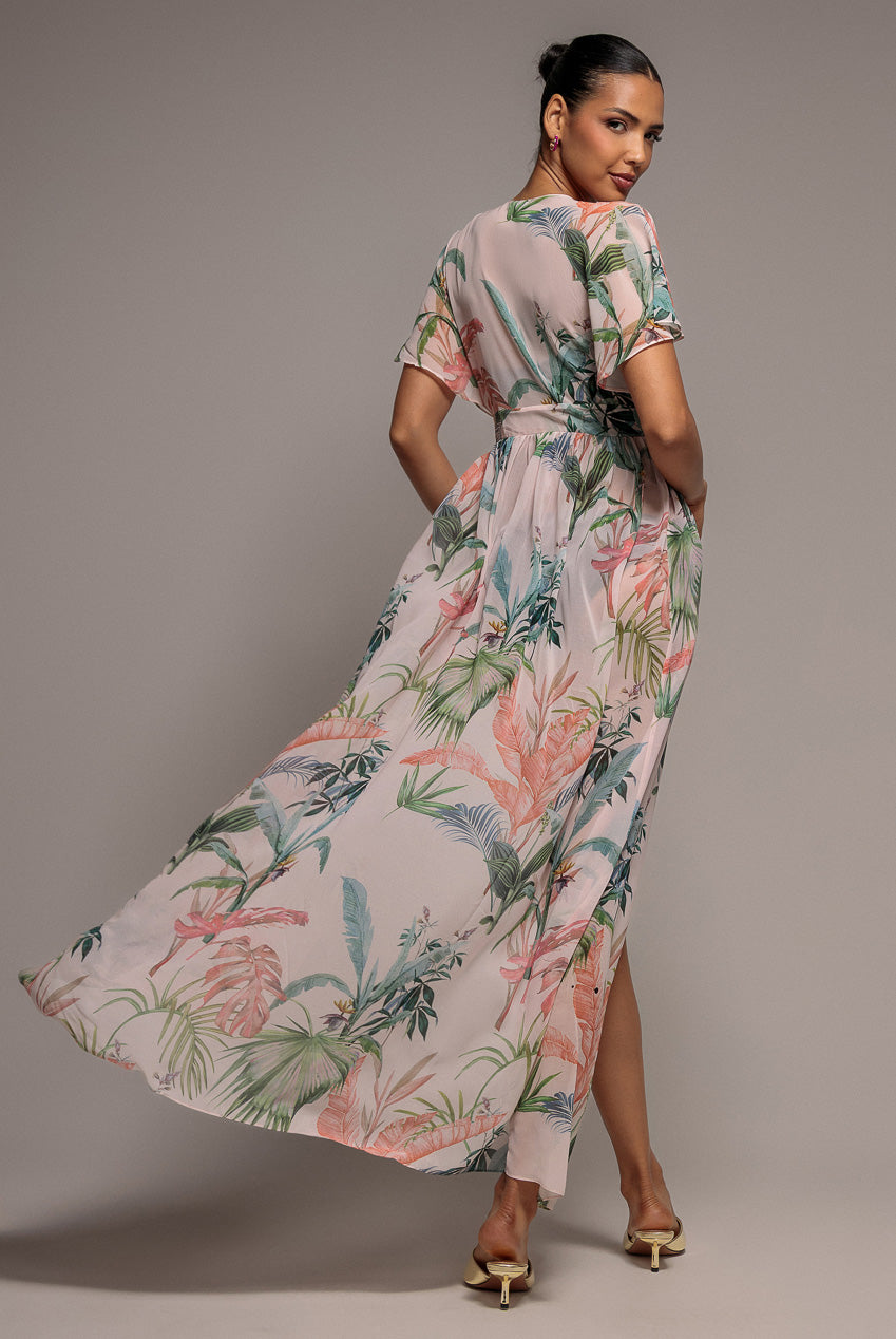 Goddiva Palm Print Flutter Sleeve Kimono Maxi Dress - Palm Print