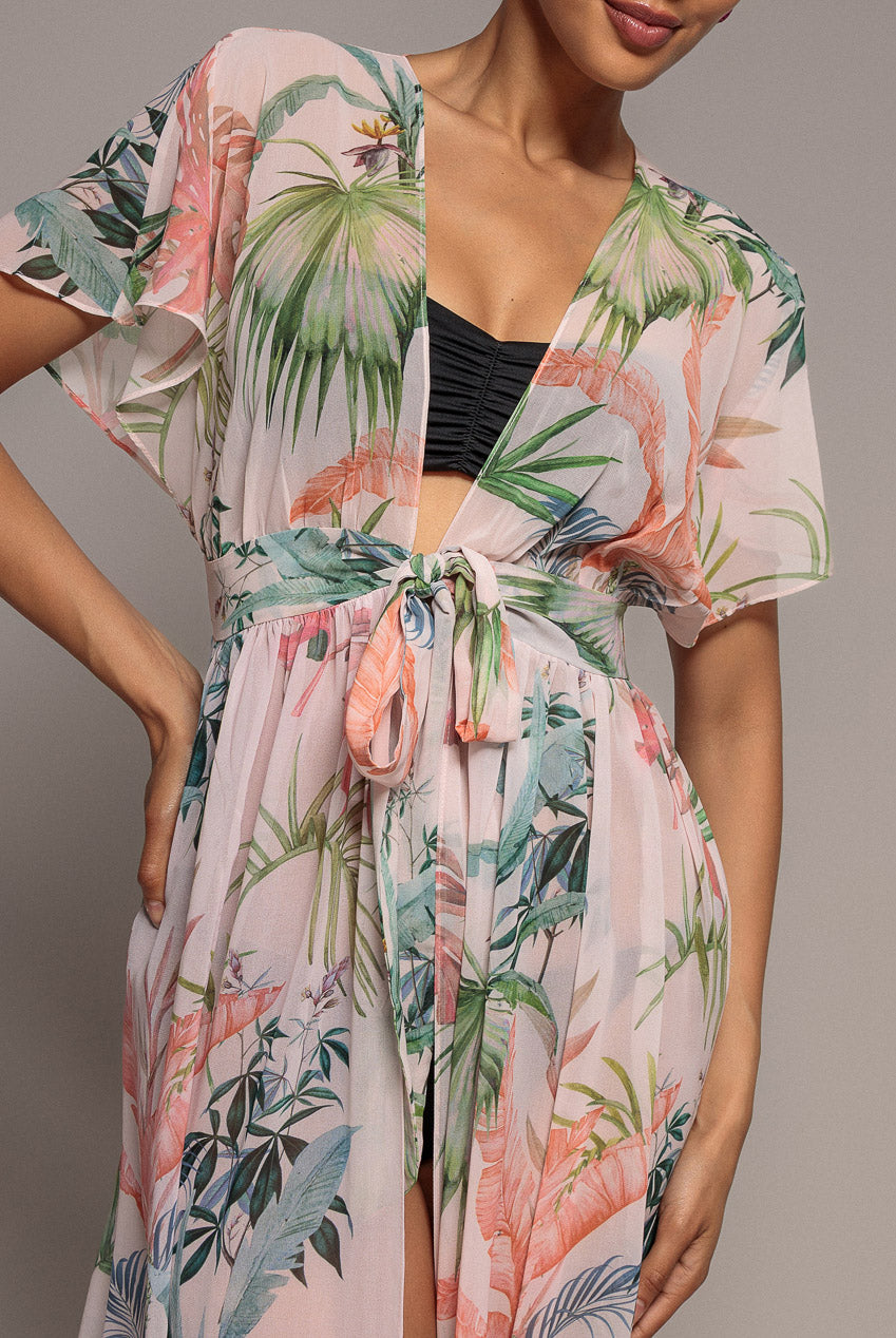 Goddiva Palm Print Flutter Sleeve Kimono Maxi Dress - Palm Print