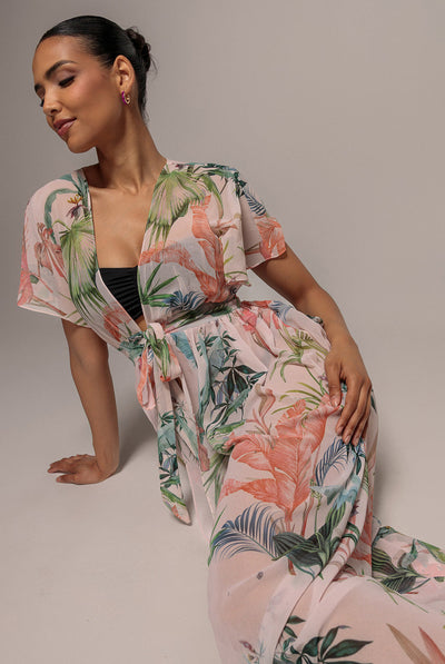 PalmPrint - Goddiva Palm Print Flutter Sleeve Kimono Maxi Dress - Palm Print