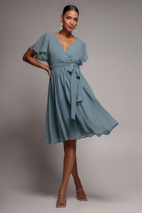 Goddiva Sustainable Flutter Sleeve Chiffon Wrap Midi Dress - Sage Green
