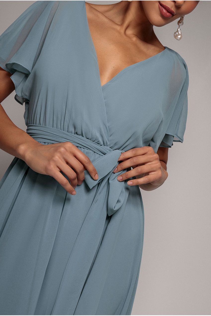 Goddiva Chiffon Flutter Sleeve Wrap Midi Dress - Airforce Blue