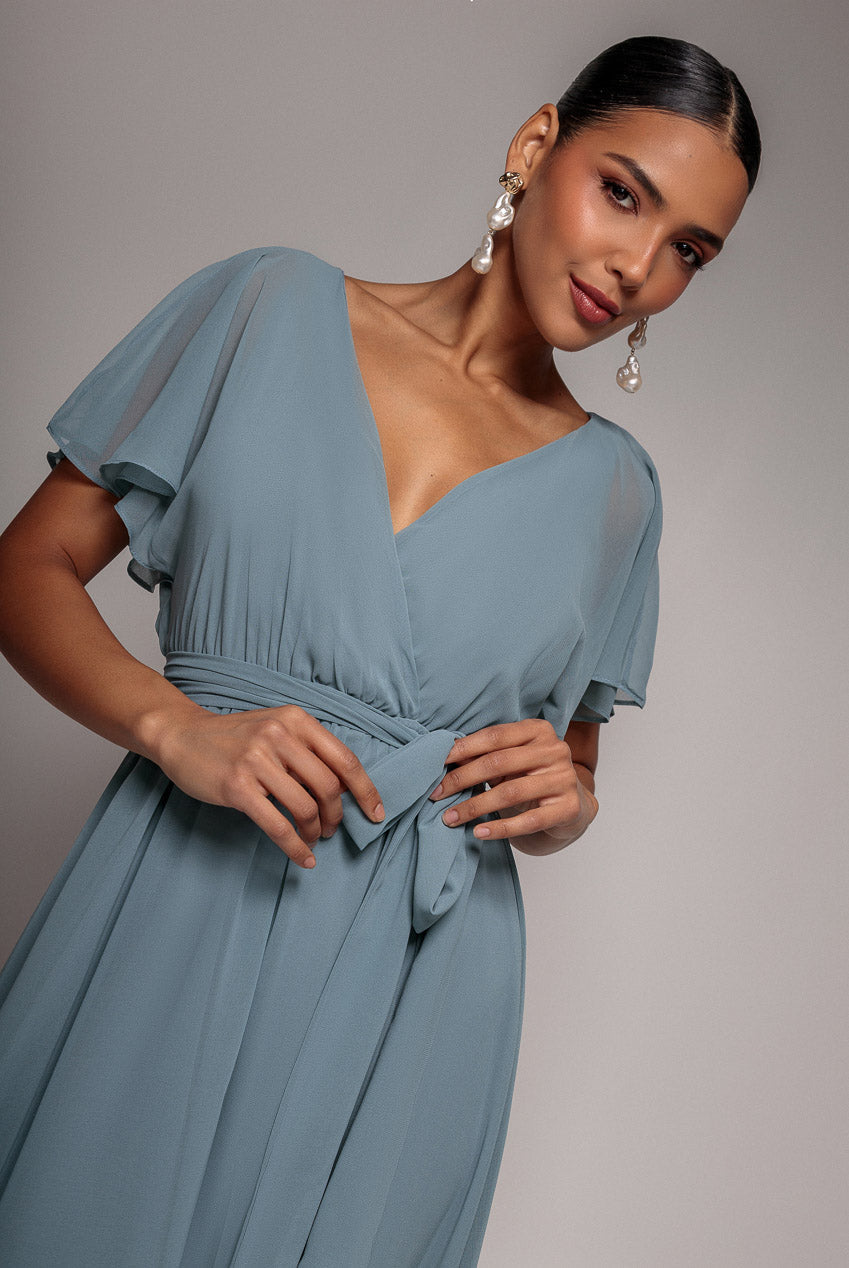 Goddiva Chiffon Flutter Sleeve Wrap Midi Dress - Airforce Blue