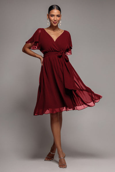 Berry - Goddiva Chiffon Flutter Sleeve Wrap Midi Dress - Berry