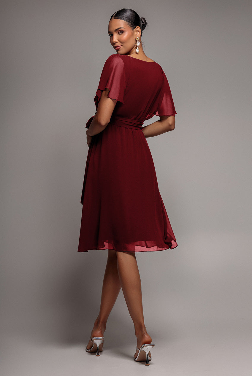 Chiffon Flutter Sleeve Wrap Midi Dress - Berry