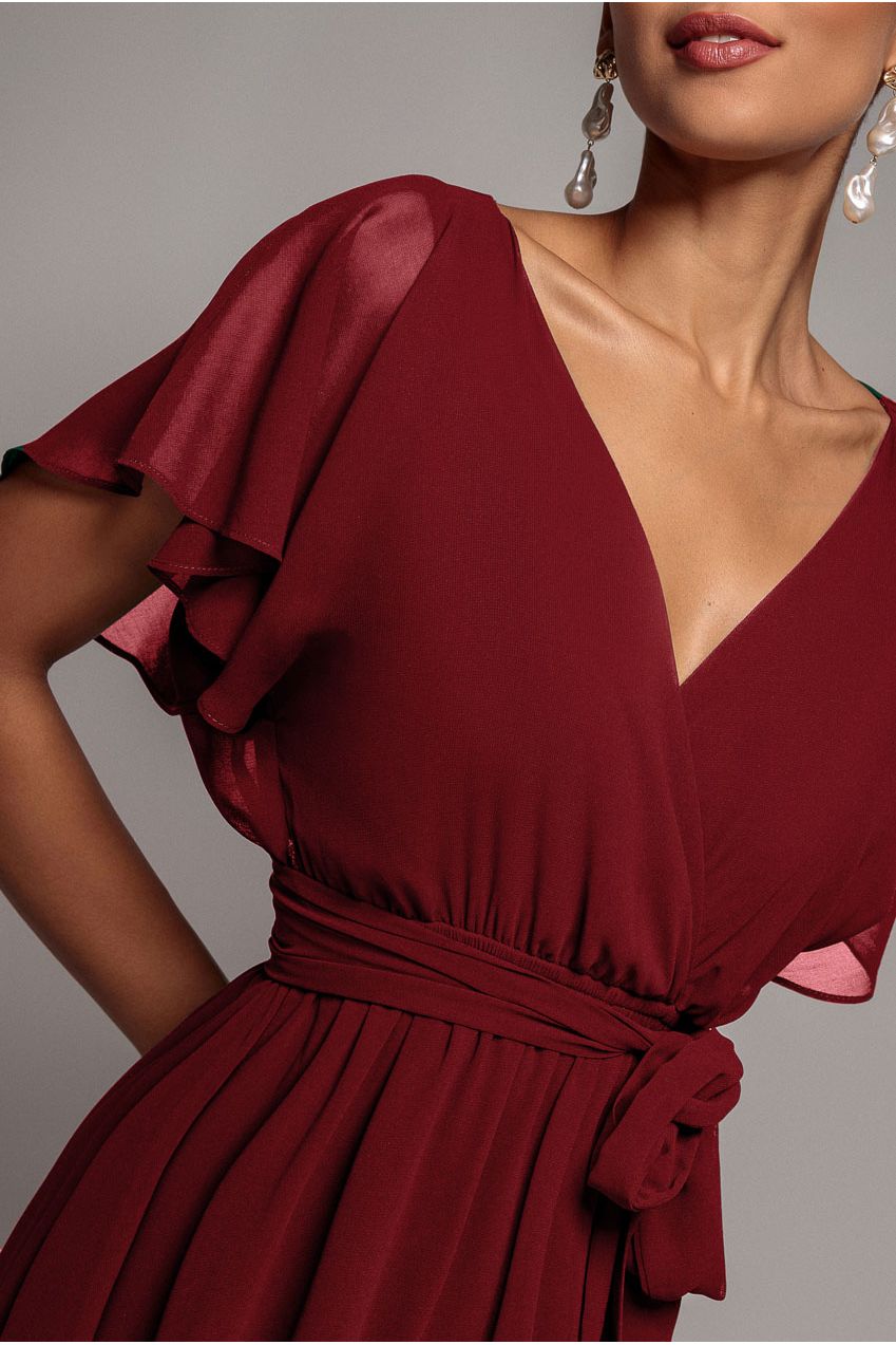 Goddiva Chiffon Flutter Sleeve Wrap Midi Dress - Berry