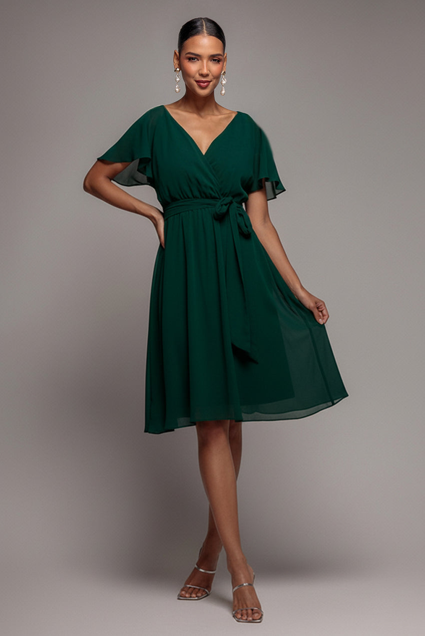 Goddiva Chiffon Flutter Sleeve Wrap Midi Dress - Dark Green