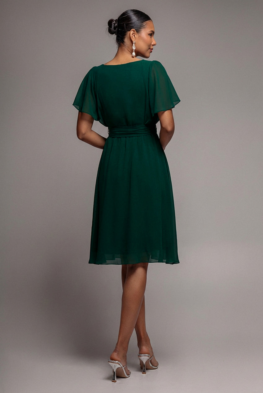 Goddiva Chiffon Flutter Sleeve Wrap Midi Dress - Dark Green