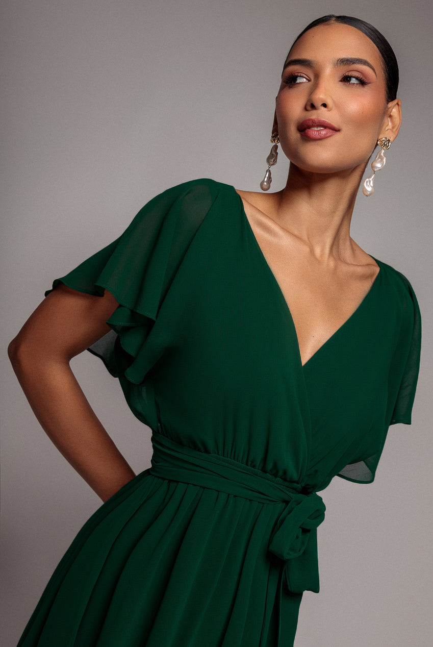 Goddiva Chiffon Flutter Sleeve Wrap Midi Dress - Dark Green