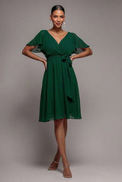 Green - Goddiva Sustainable Flutter Sleeve Chiffon Wrap Midi Dress - Green