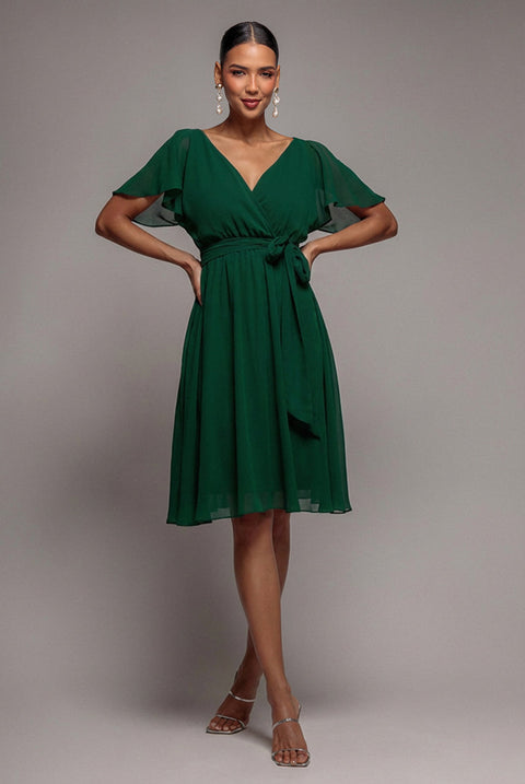 Goddiva Sustainable Flutter Sleeve Chiffon Wrap Midi Dress - Green