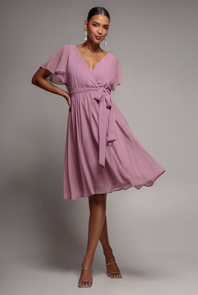 Lavender - Goddiva Sustainable Flutter Sleeve Chiffon Wrap Midi Dress - Lavender