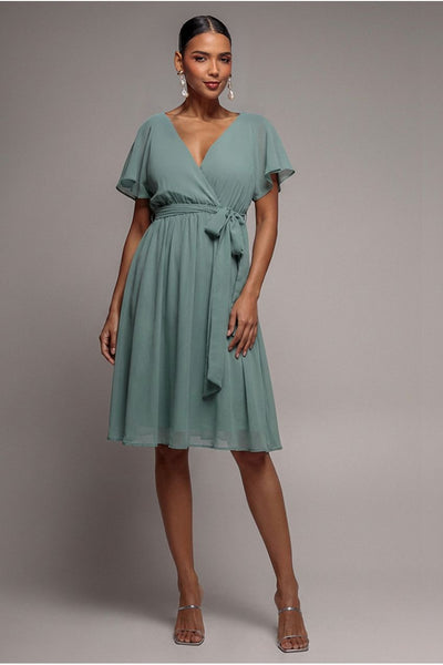 Goddiva Sustainable Flutter Sleeve Chiffon Wrap Midi Dress