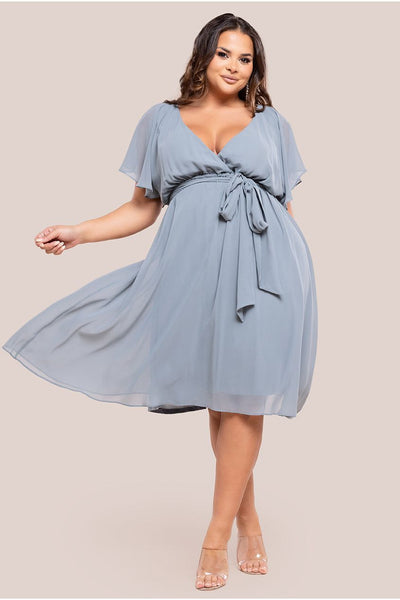 AirforceBlue - Goddiva Plus Flutter Sleeve Wrap Midi Dress - Blue