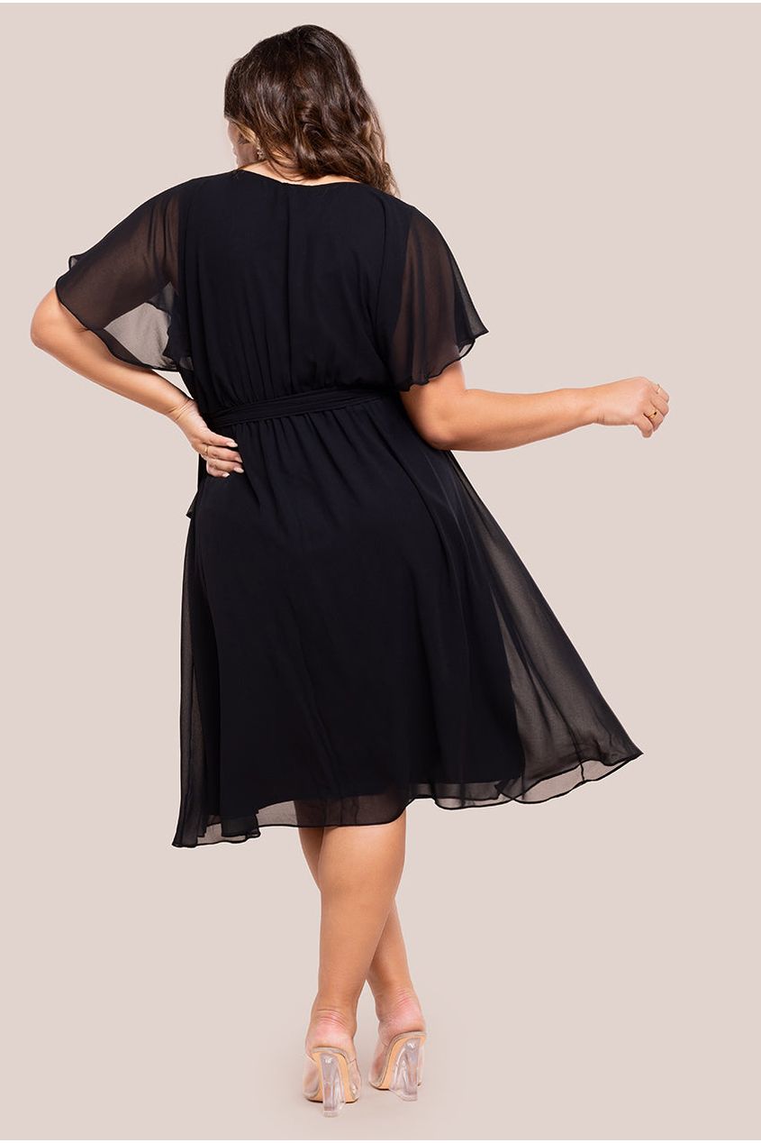 Goddiva Plus Flutter Sleeve Wrap Midi Dress - Black