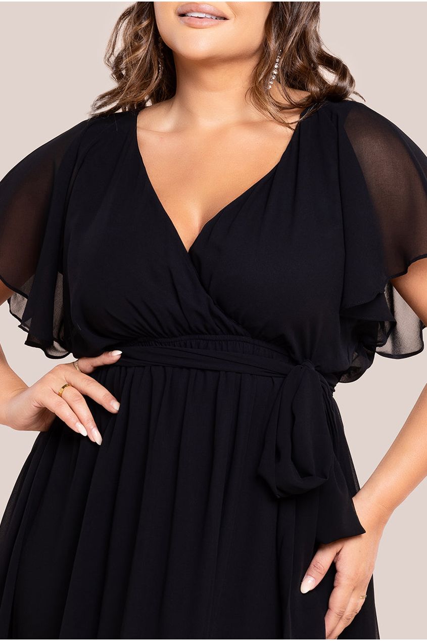 Goddiva Plus Flutter Sleeve Wrap Midi Dress - Black