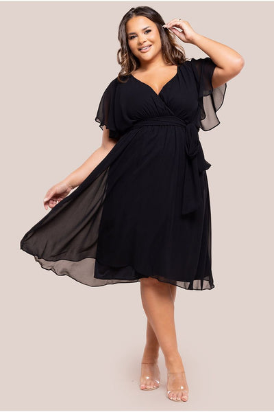 Black - Goddiva Plus Flutter Sleeve Wrap Midi Dress - Black