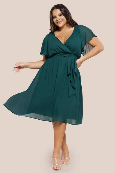 Green - Goddiva Plus Flutter Sleeve Wrap Midi Dress - Emerald Green