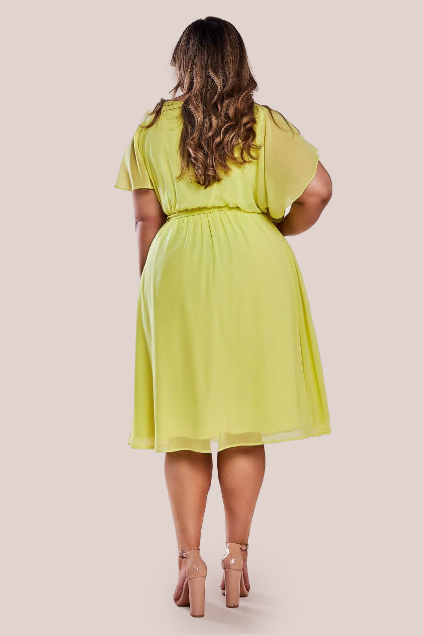 Goddiva Plus Flutter Sleeve Wrap Midi Dress - Soft Lemon