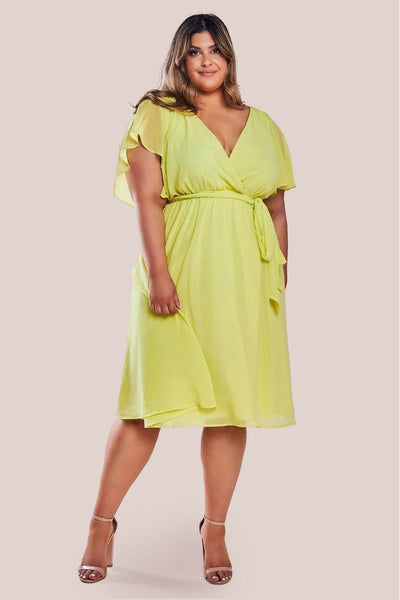 SoftLemon - Goddiva Plus Flutter Sleeve Wrap Midi Dress - Soft Lemon