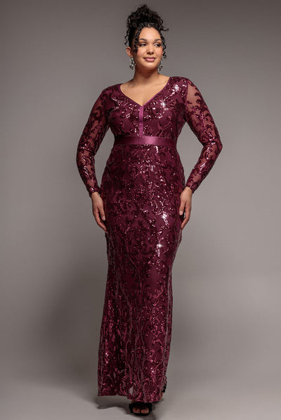 Burgundy - Goddiva Plus Embroidered Sequin & Mesh Maxi Dress - Burgundy