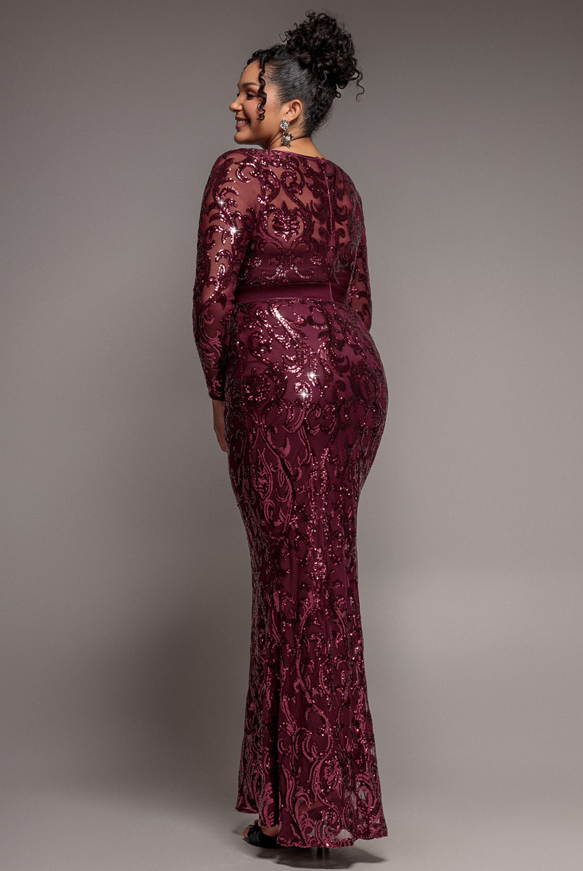 Goddiva Plus Embroidered Sequin & Mesh Maxi Dress - Burgundy