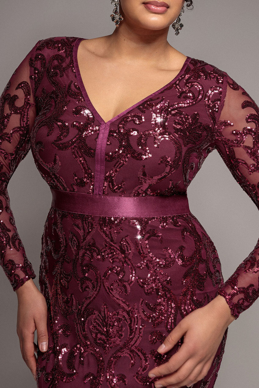 Goddiva Plus Embroidered Sequin & Mesh Maxi Dress - Burgundy
