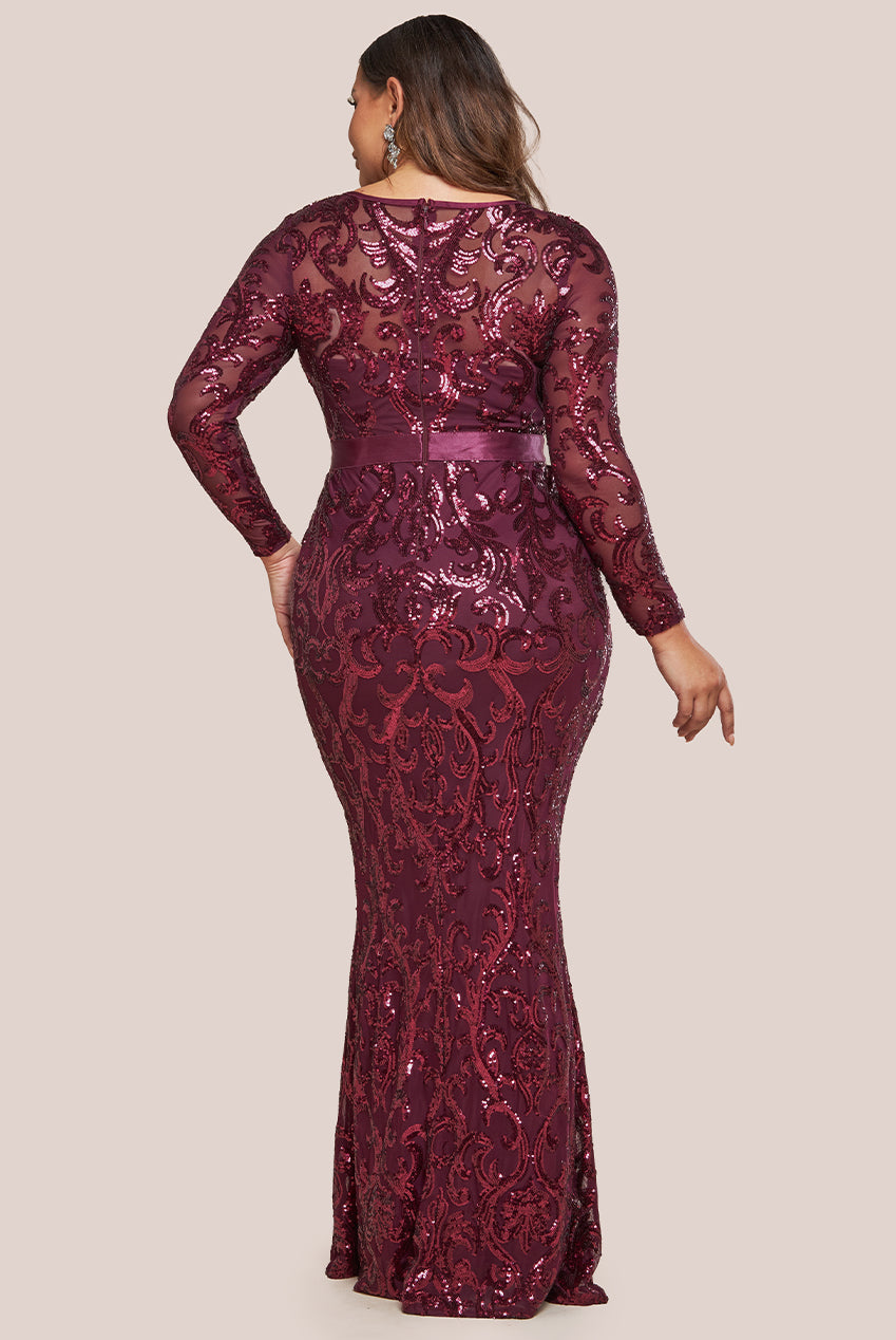 Goddiva Plus Embroidered Sequin & Mesh Maxi Dress - Burgundy