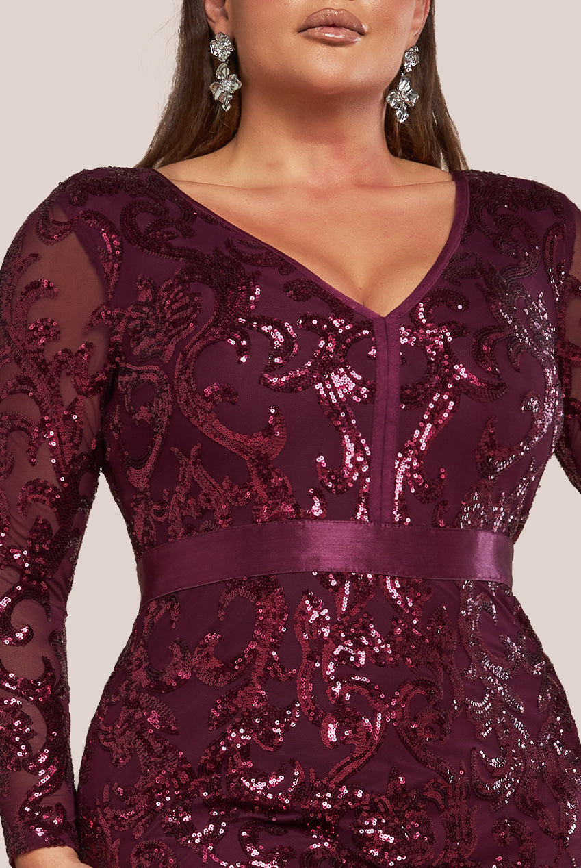 Goddiva Plus Embroidered Sequin & Mesh Maxi Dress - Burgundy