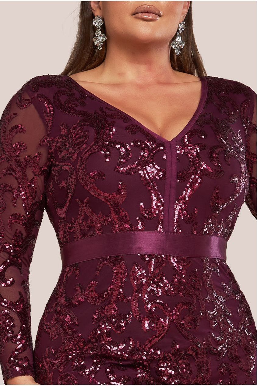 Goddiva Plus Embroidered Sequin & Mesh Maxi Dress - Burgundy