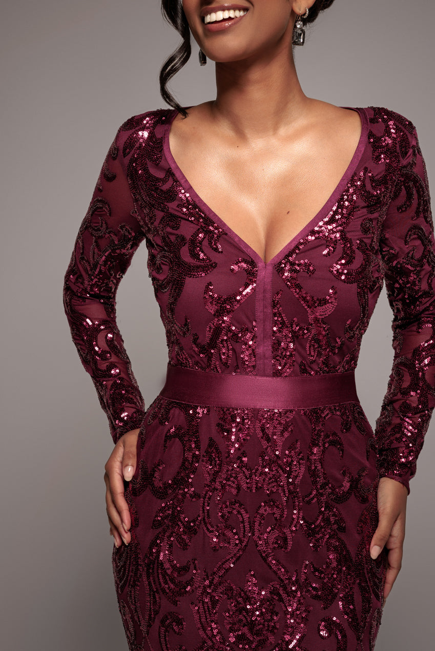 Goddiva Embroidered Sequin & Mesh Maxi Dress - Burgundy
