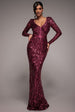 Goddiva Embroidered Sequin & Mesh Maxi Dress - Burgundy