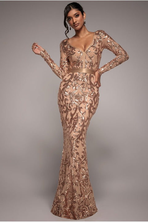 Goddiva Embroidered Sequin & Mesh Maxi Dress - Champagne