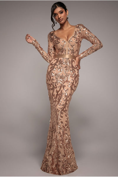 Champagne - Goddiva Embroidered Sequin & Mesh Maxi Dress - Champagne