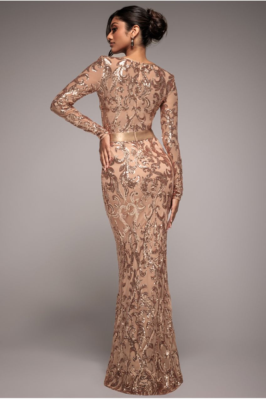 Goddiva Embroidered Sequin & Mesh Maxi Dress - Champagne