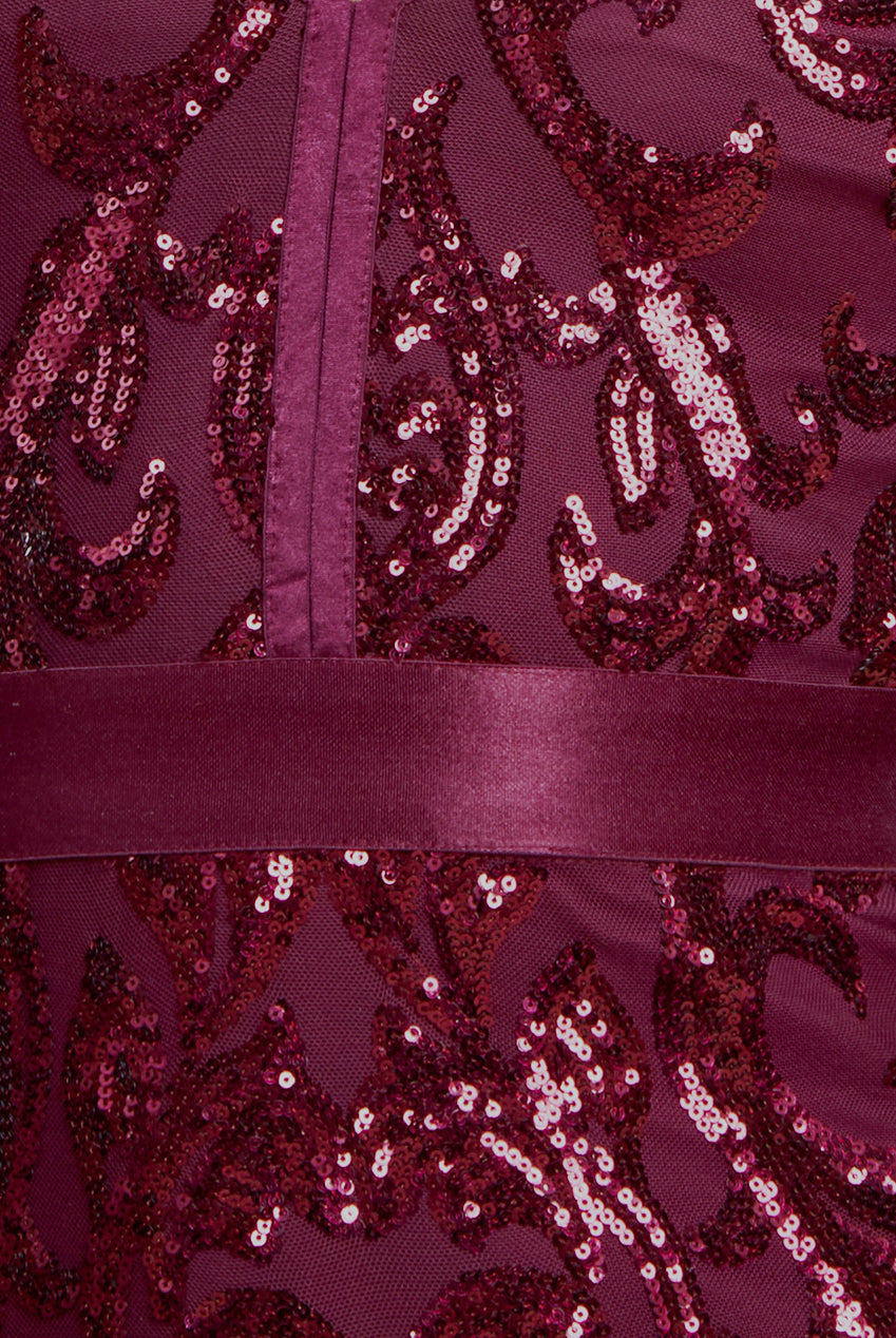 Goddiva Embroidered Sequin & Mesh Maxi Dress - Burgundy