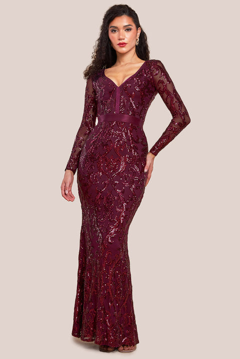 Goddiva Embroidered Sequin & Mesh Maxi Dress - Burgundy