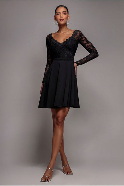 Black - Goddiva Off The Shoulder Lace Skater Mini Dress - Black
