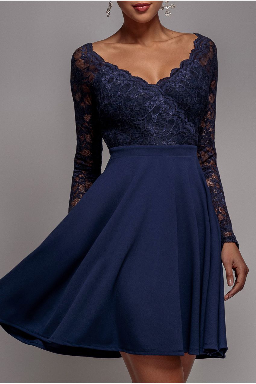Goddiva Off The Shoulder Lace Skater Mini Dress - Navy Blue