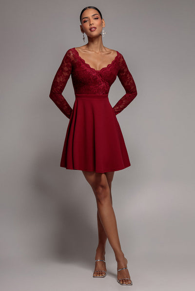 Wine - Goddiva Off The Shoulder Lace Skater Mini Dress - Wine