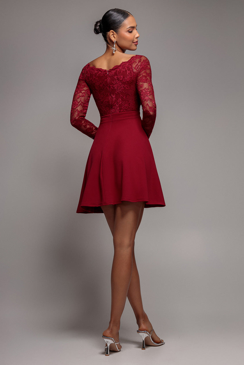 Goddiva Off The Shoulder Lace Skater Mini Dress - Wine