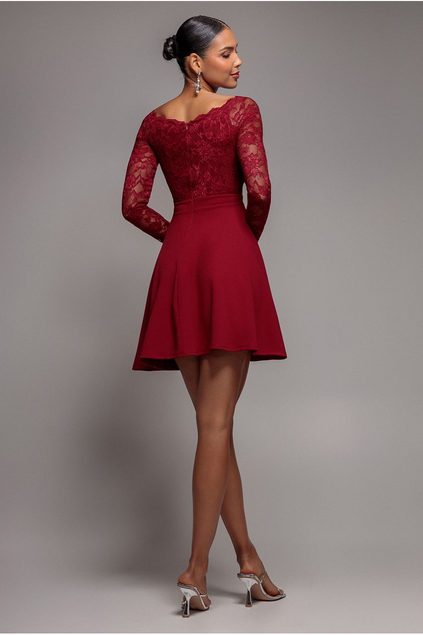 Goddiva Off The Shoulder Lace Skater Mini Dress - Wine
