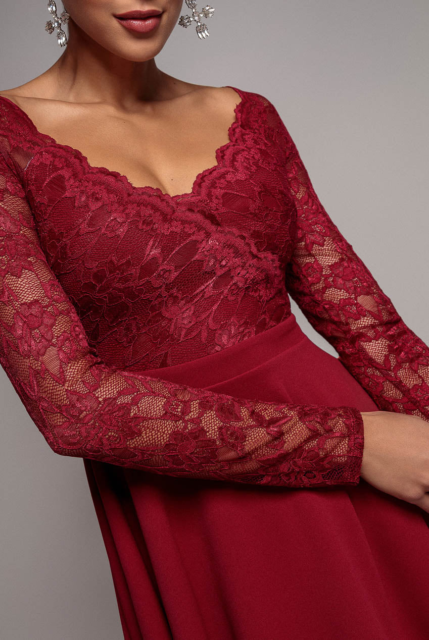 Goddiva Off The Shoulder Lace Skater Mini Dress - Wine